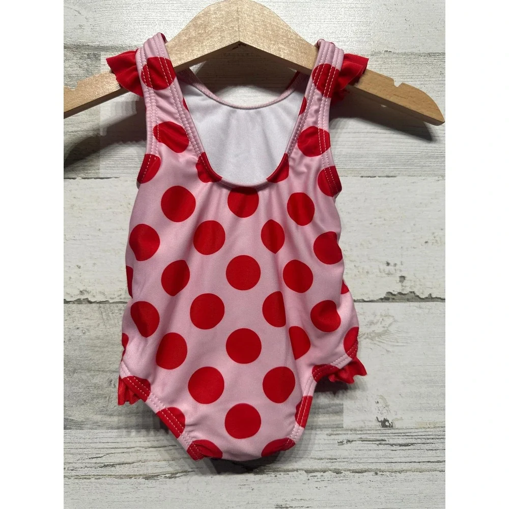 Disney Swimsuit Girls 3M Pink Red Polka Dot Minnie Mouse Ruffle EUC